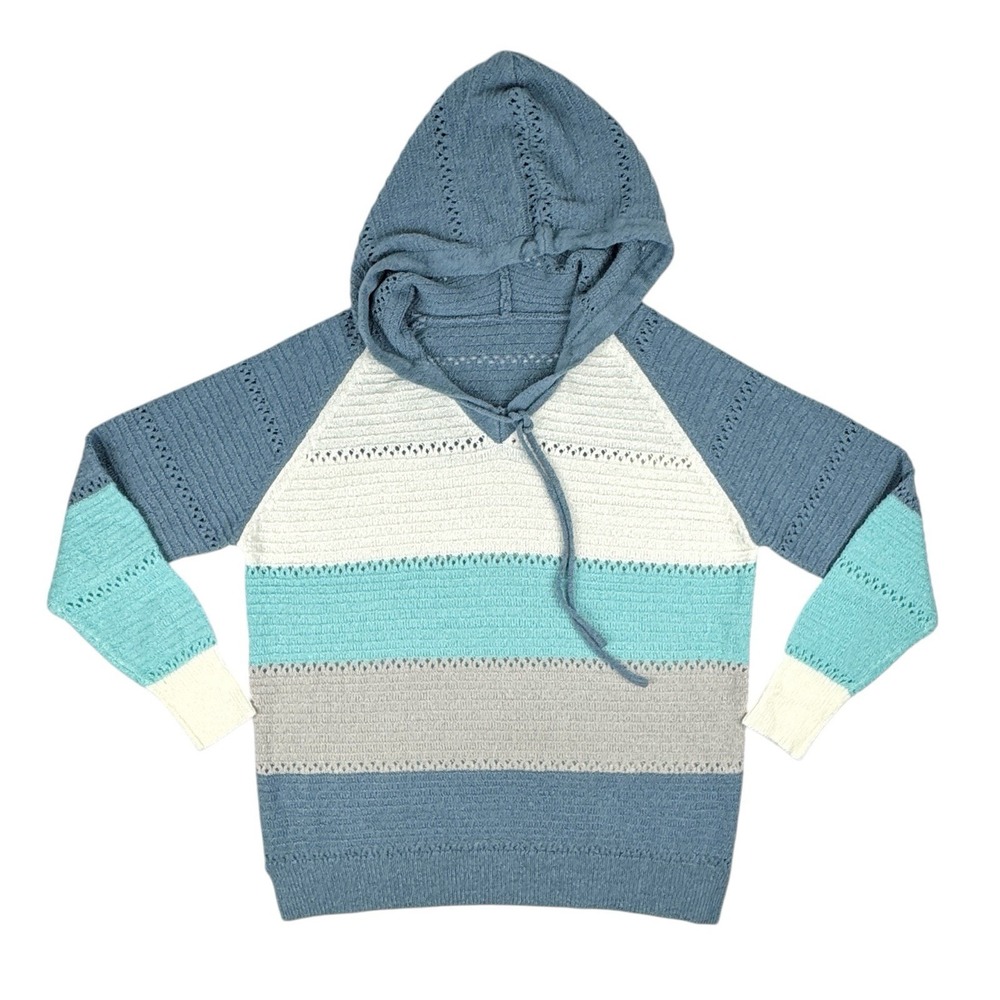 Women's Lightweight Color Block Hooded Sweater Large Knit Eyelet Pullover Soft - Picture 4 of 16